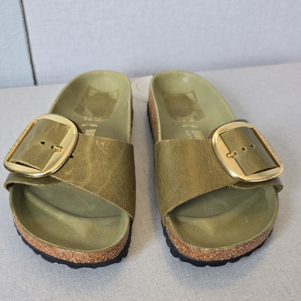 Birkenstock Olive Green Sandals with Gold Metal Buckle. New, (w 8 - 8.5, 39).
